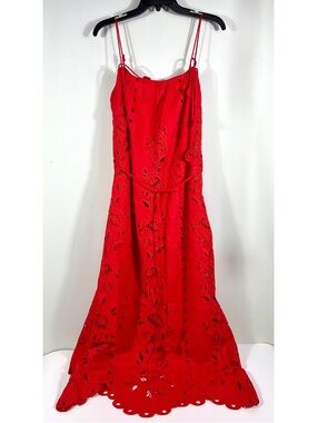 FARM Rio Red Linen Blend Floral Eyelet Maxi Dress • Size S